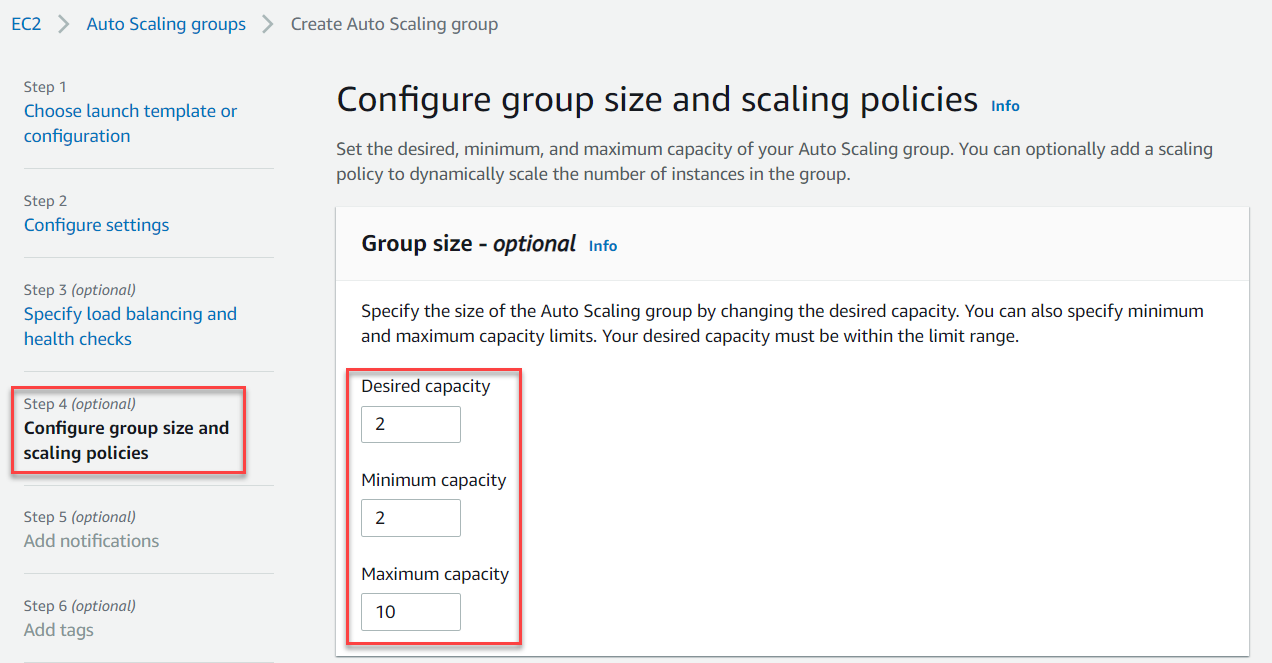 Step 4 - Group size and scaling policies