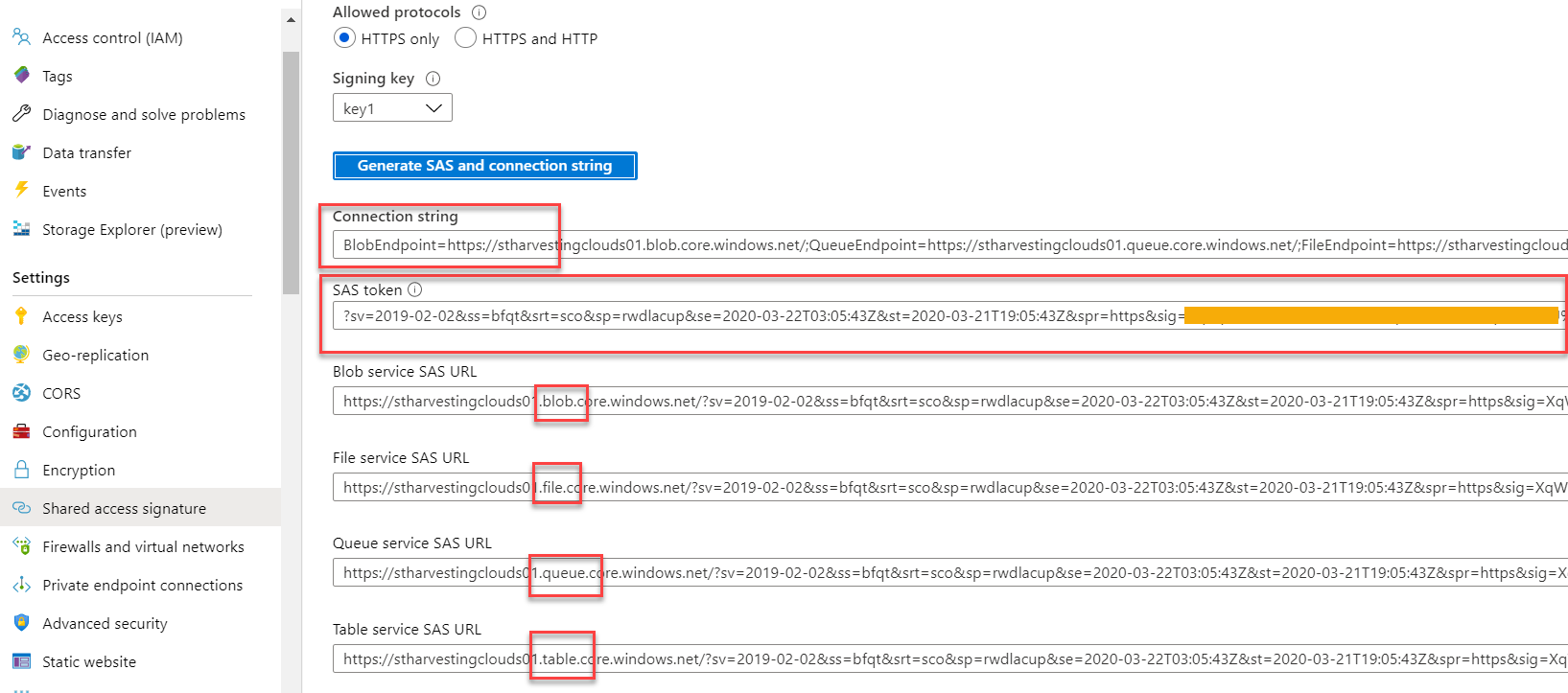 Shared access signature Connection string and URLs