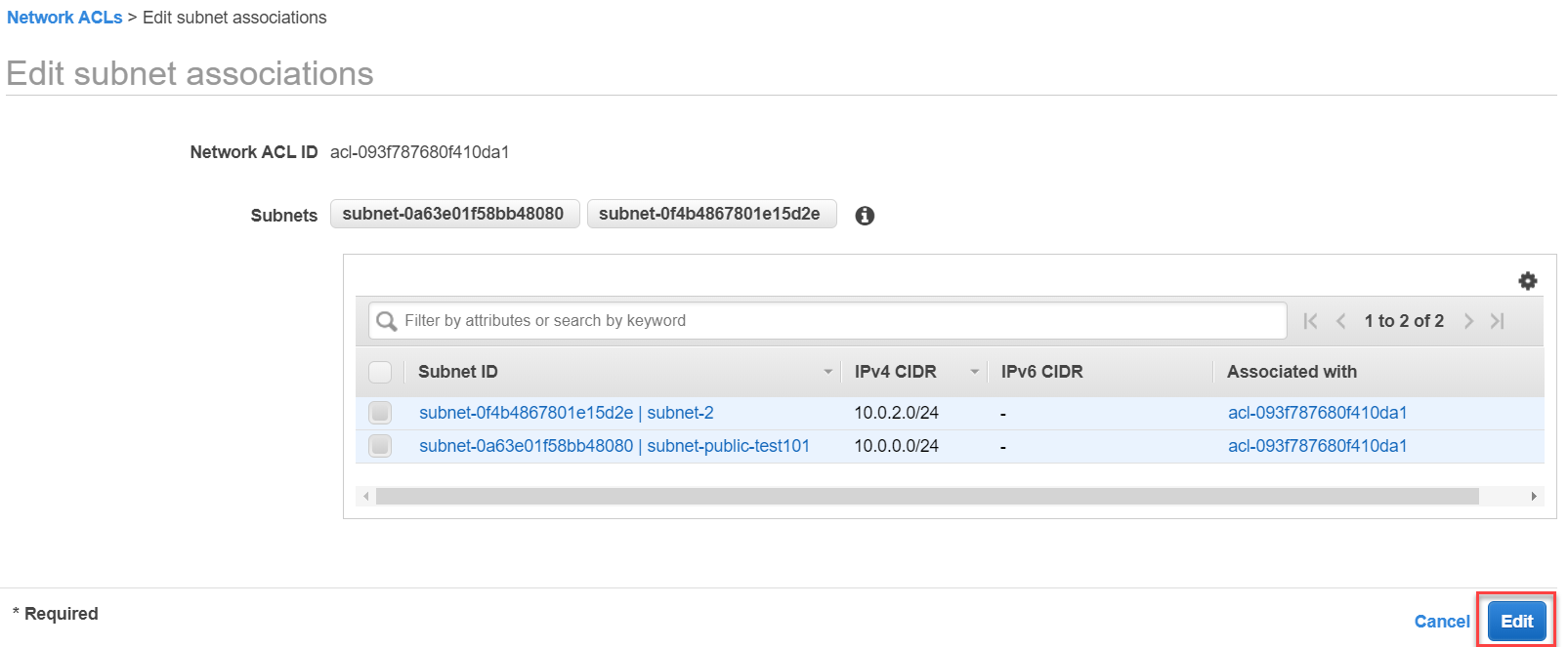 Edit Subnet associations