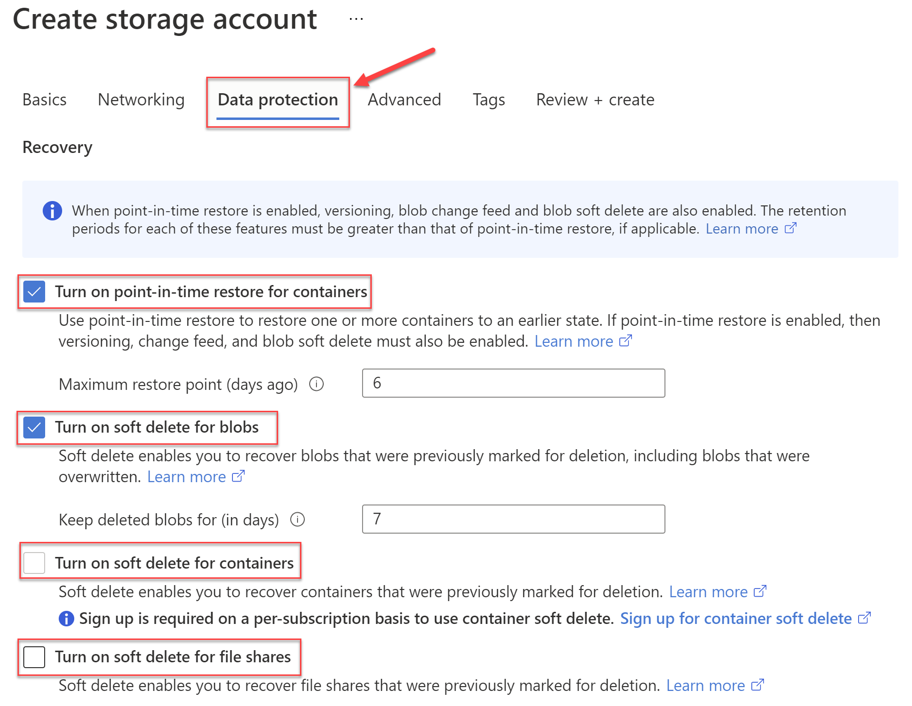 Soft delete options in a Storage Account creation