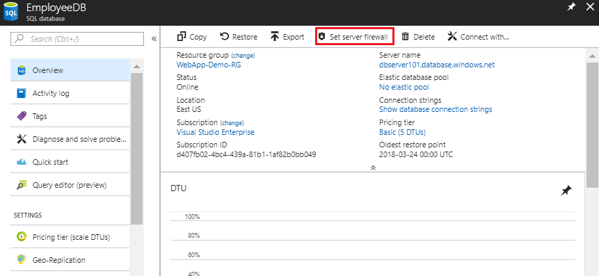 Set Server Firewall option on Azure SQL Database