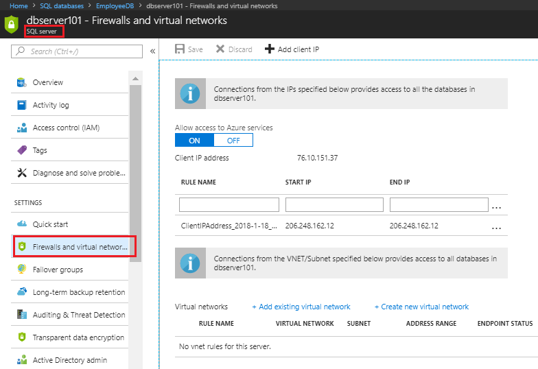 Firewall option on Azure SQL Server