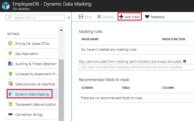 Navigating to the Dynamic Data Masking Option