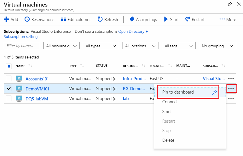 Pinning a resource to a dashboard