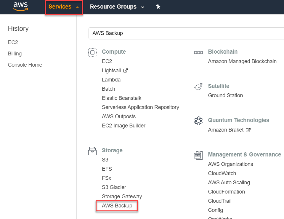 AWS Backup service navigation