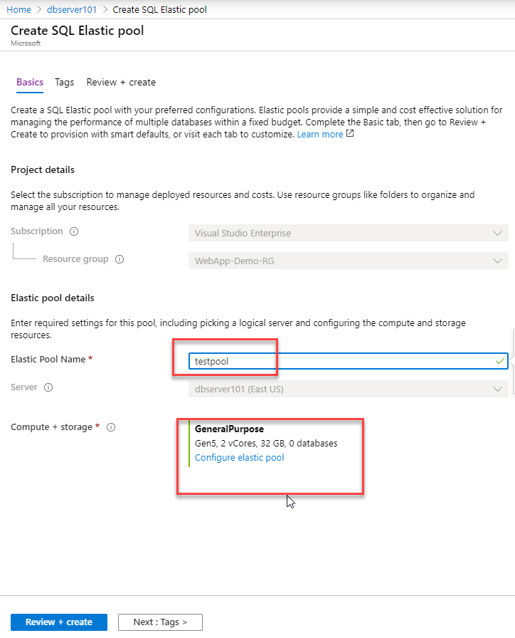 Basic settings for new Elastic Pool creation