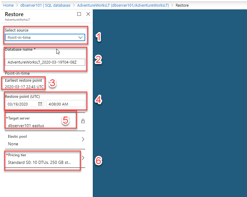 Settings to restore database backup