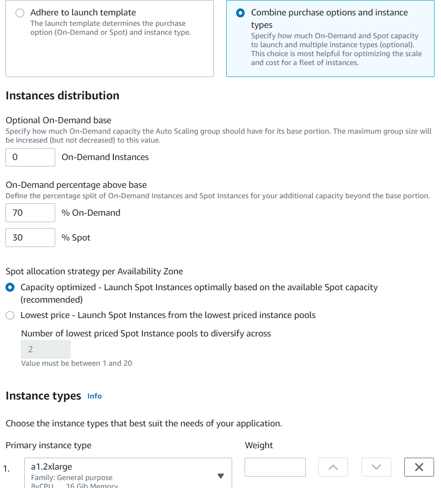 Configure Settings - Combine purchase options and instance types