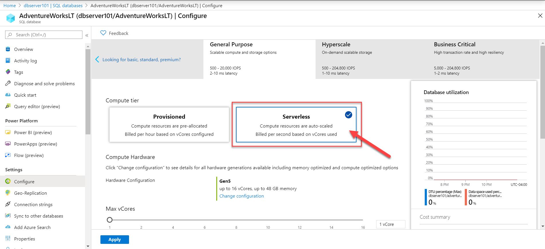 Azure SQL Database Serverless Compute Tier