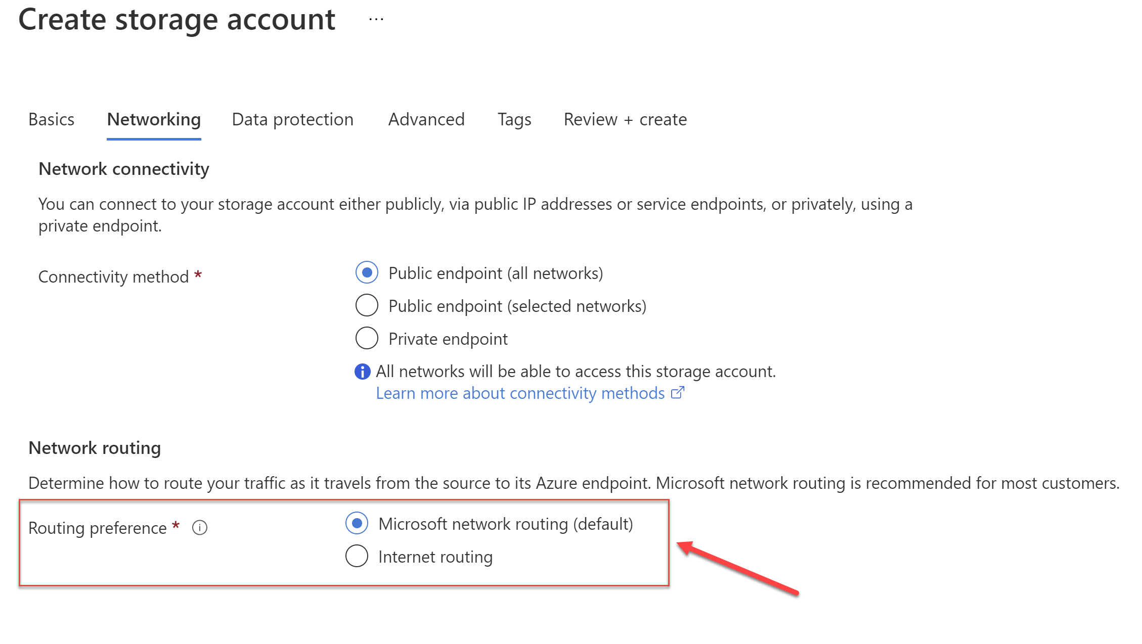 Routing preferences for a Storage Account