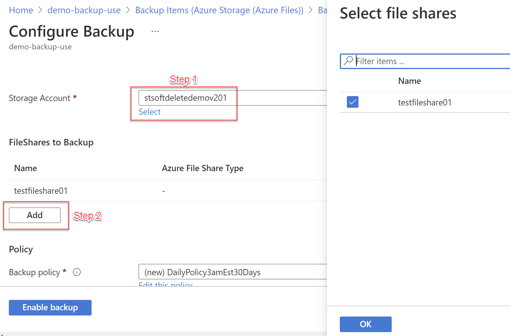 Storage Account and File Share selection