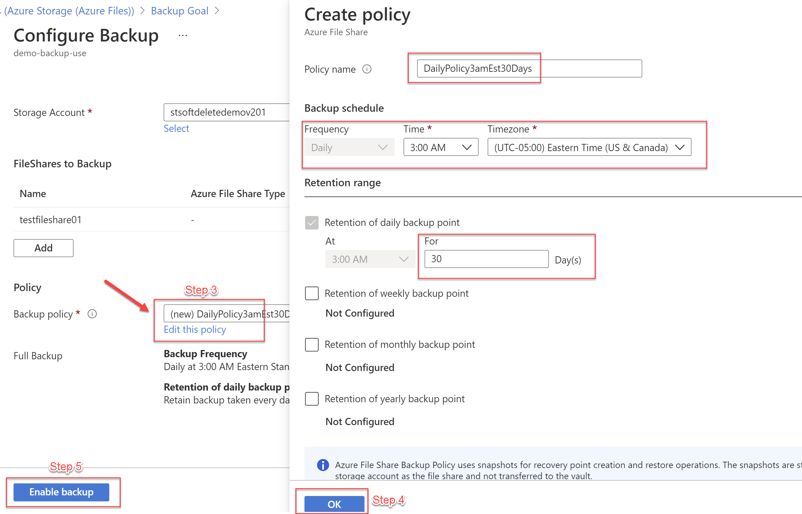 Backup policy and Enable backup