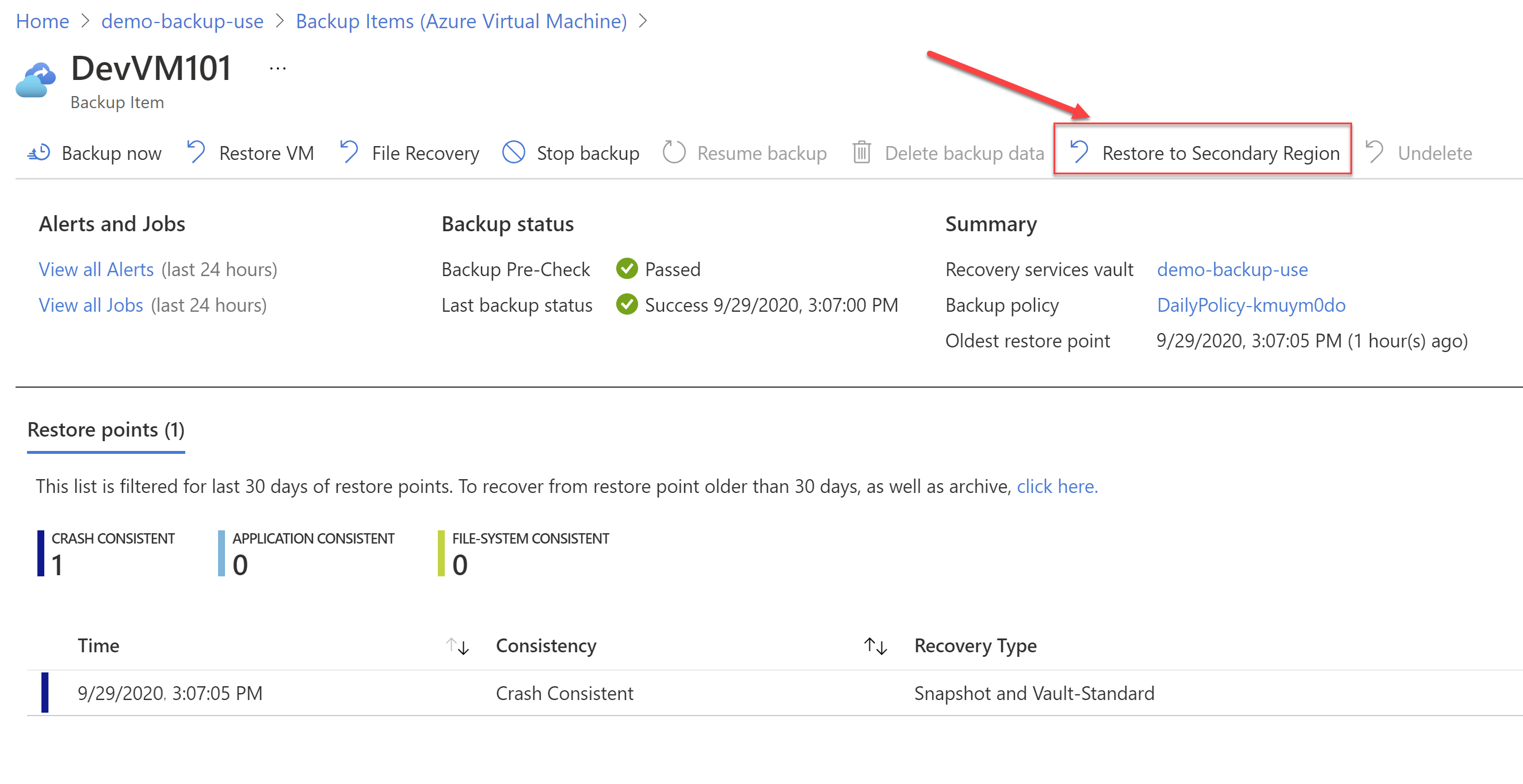 Option to restore the VM to Secondary Region