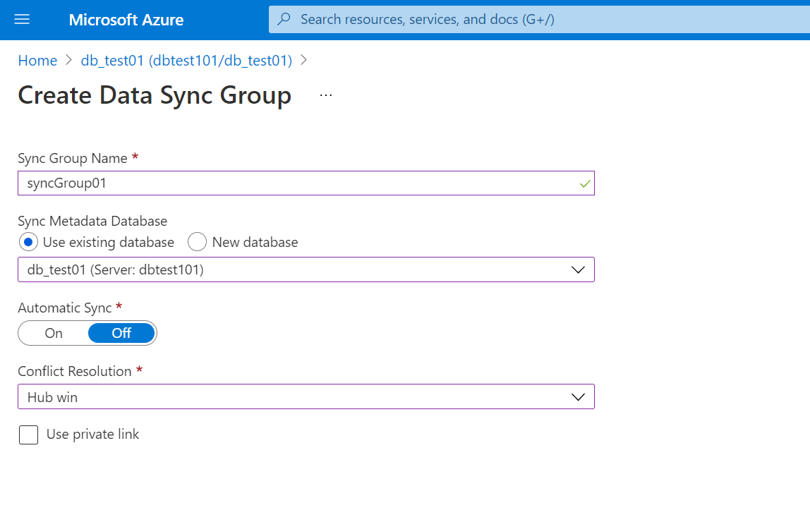 Create Data Sync Group blade