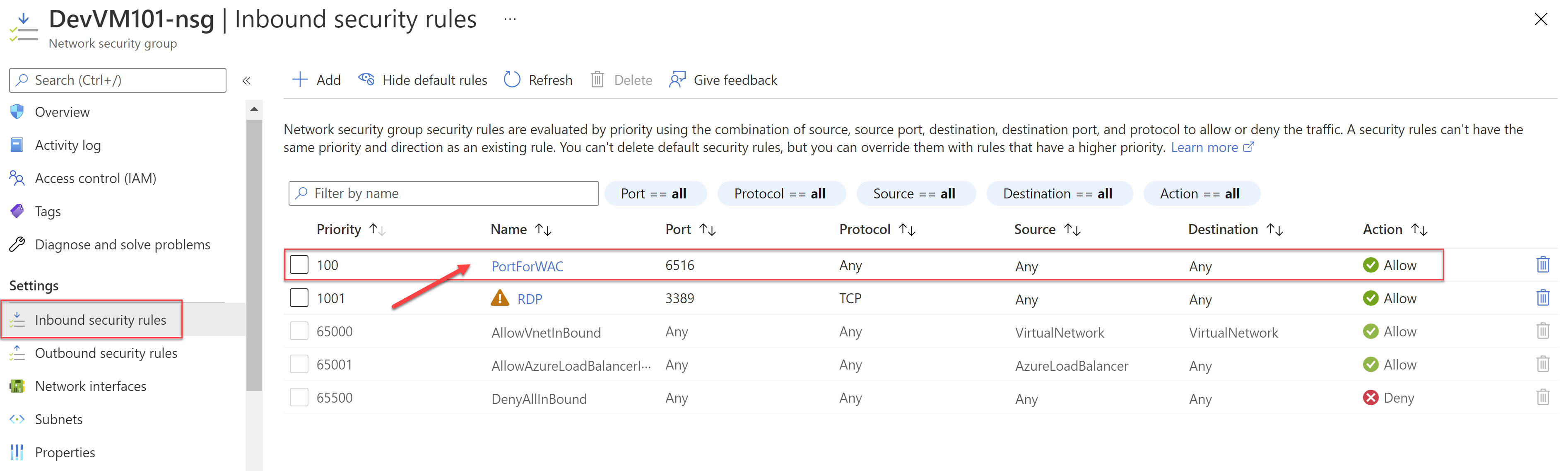 Inbound Security Rule