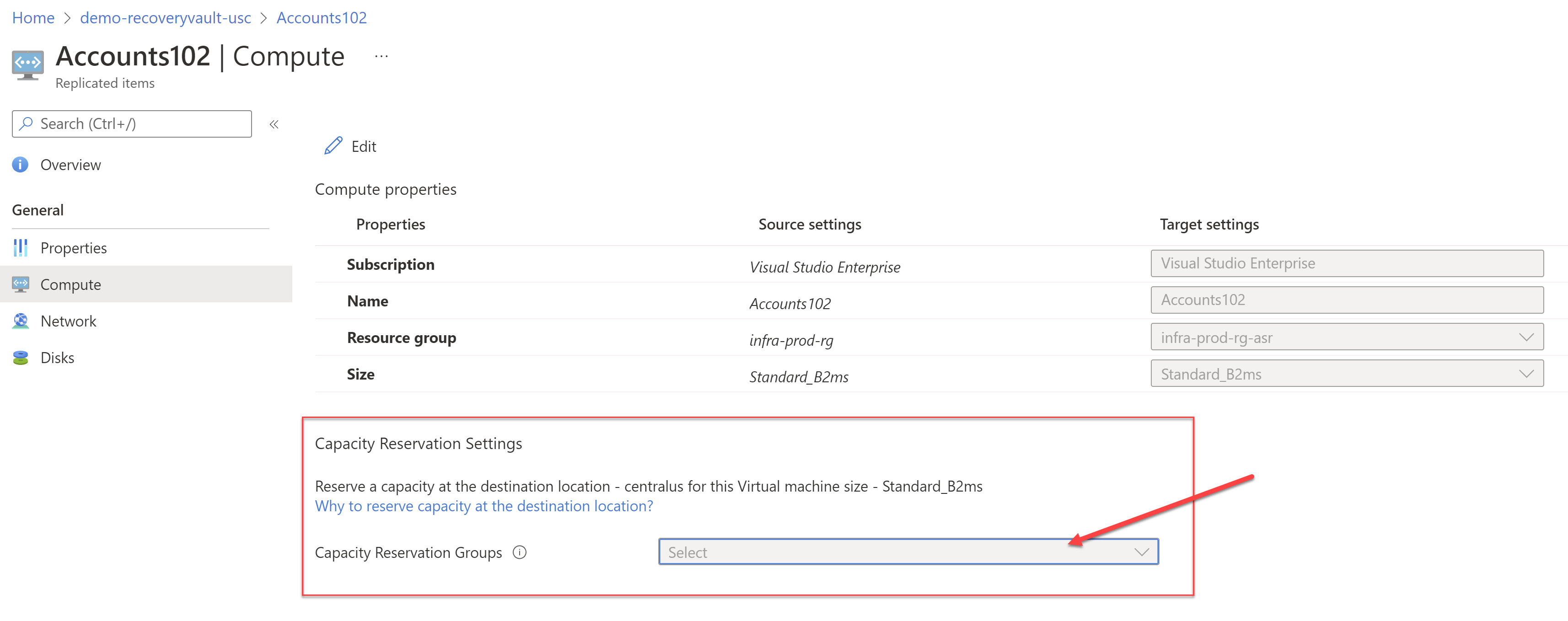 Capacity Reservation under Compute Settings